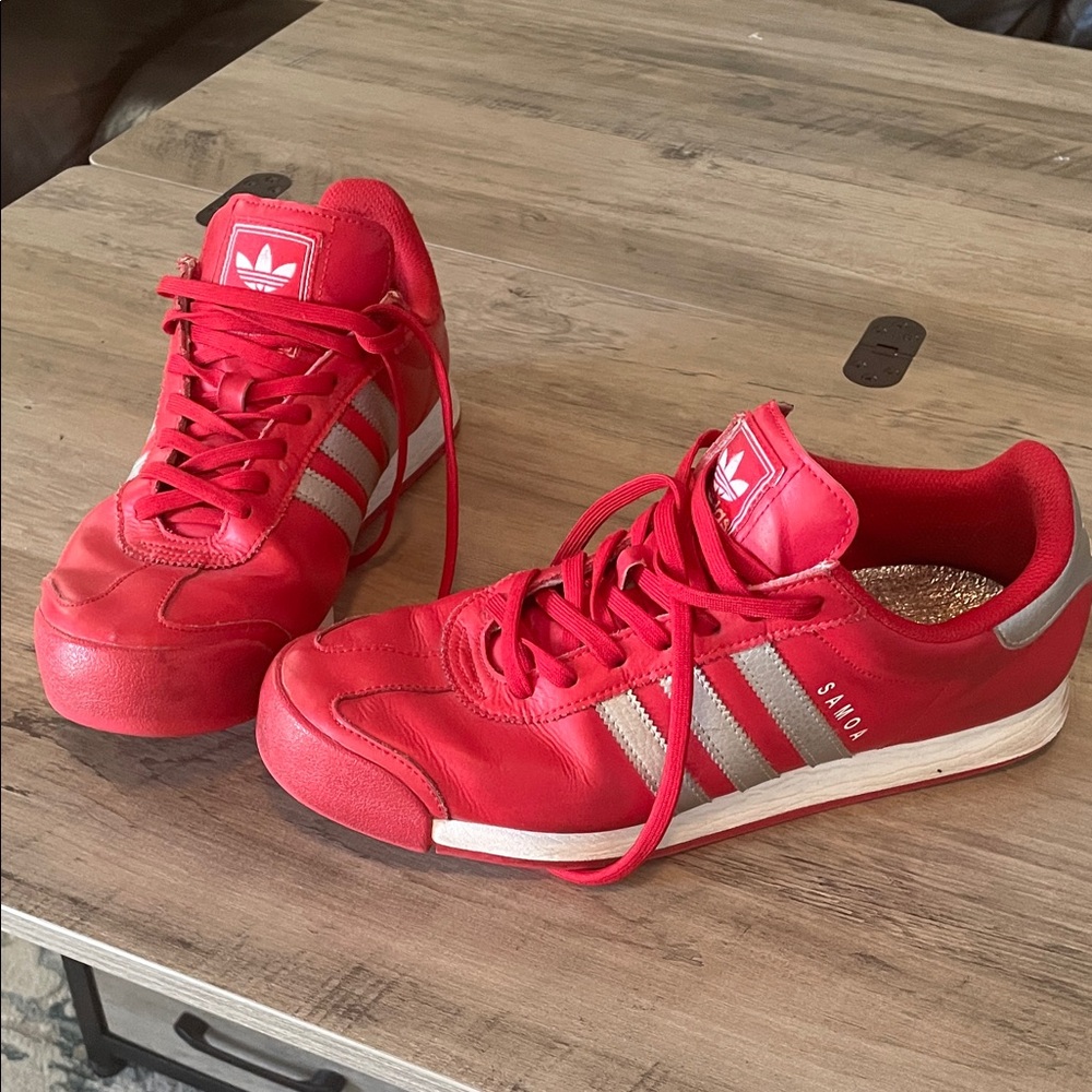Adidas Samoa Red Sneakers with Silver Stripes Ohio St. Buckeyes colors